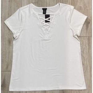 Torrid Womens Lace Inset Criss-Cross Top Plus Sz 1X Ivory Short Sleeve Tshirt